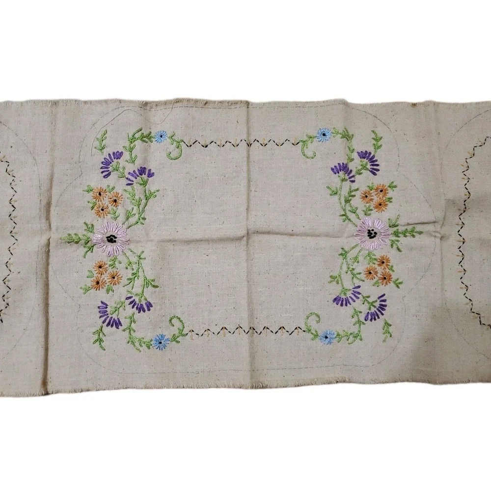 Vintage Embroidered Linen Buffet Set Flowers INCOMPLETE